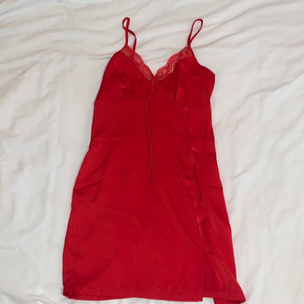Red satin mini dress